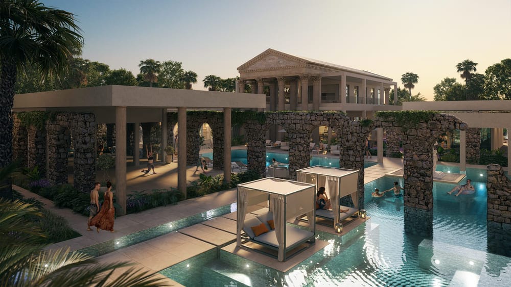Detalles de columnas dóricas y jardines en Poseidonia Residences, Punta Cana