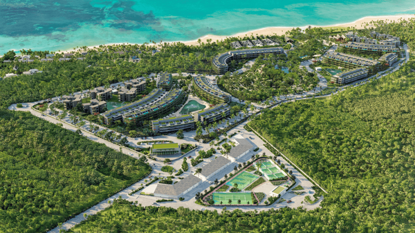 Render del proyecto The Reef en Playa Bonita, Las Terrenas, con arquitectura moderna y entorno tropical